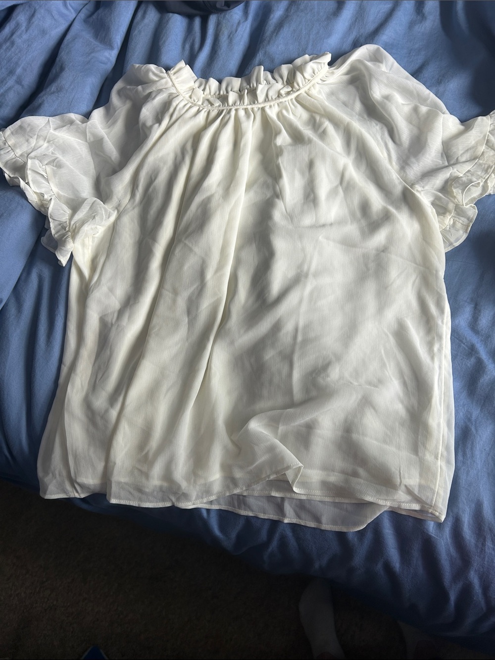 J. Crew Cream Ruffled Short-Sleeve Sheer Blouse